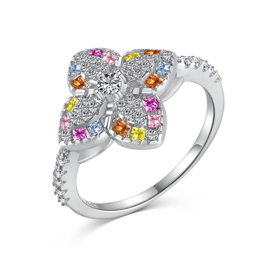 [Clover Jewelry]Luxurious Colorful Flower Shape Banquet Ring