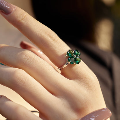 [Clover Jewelry]Heart-shaped Four-Leaf Clover Ball Ring