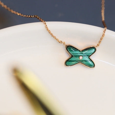 [Clover Jewelry]JEUX MALACHITE 1 DIAMOND PINK GOLD NECKLACE