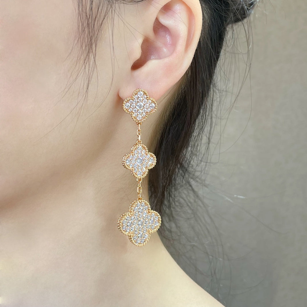 [Clover Jewelry]CLOVER 3 MOTIFS DIAMOND PAVED ROSE GOLD EARRINGS