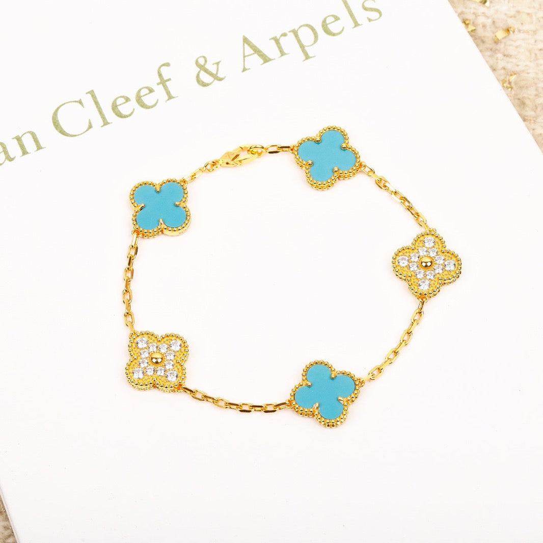 [Clover Jewelry]CLOVER 5 MOTIF TURQUOISE DIAMOND GOLD BRACELET