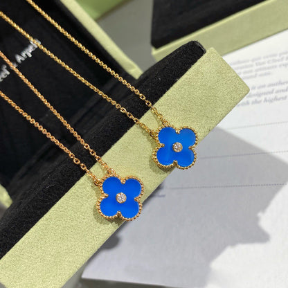 [Clover Jewelry]CLOVER 15MM DIAMOND AND BLUE AGATE NECKLACE