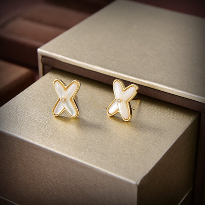 [Clover Jewelry]JEUX DE WHITE MOP GOLD DIAMOND EARRINGS
