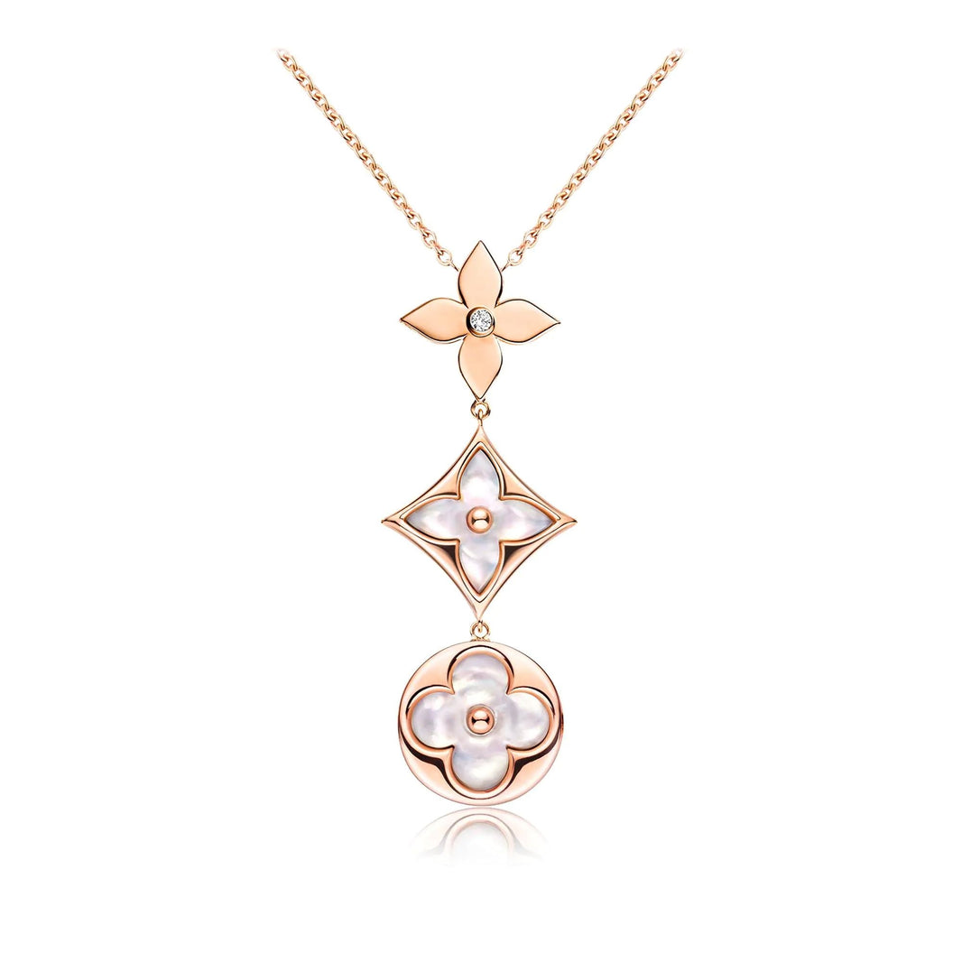 [Clover Jewelry]COLOR BLOSSOM LARIAT NECKLACE PINK GOLD WHITE MOTHER PEARL AND DIAMOND
