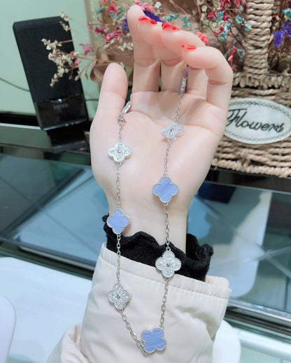 [Clover Jewelry]CLOVER 10 MOTIFS CHALCEDONY DIAMONDS SILVER NECKLACE